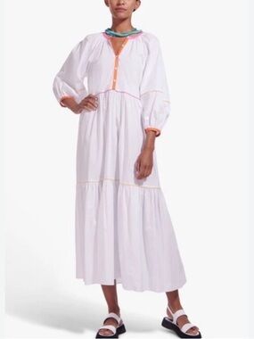 STAUD Demi Dress XS White Rainbow Trim Cotton Poplin Tiered Maxi Puff Sleeve